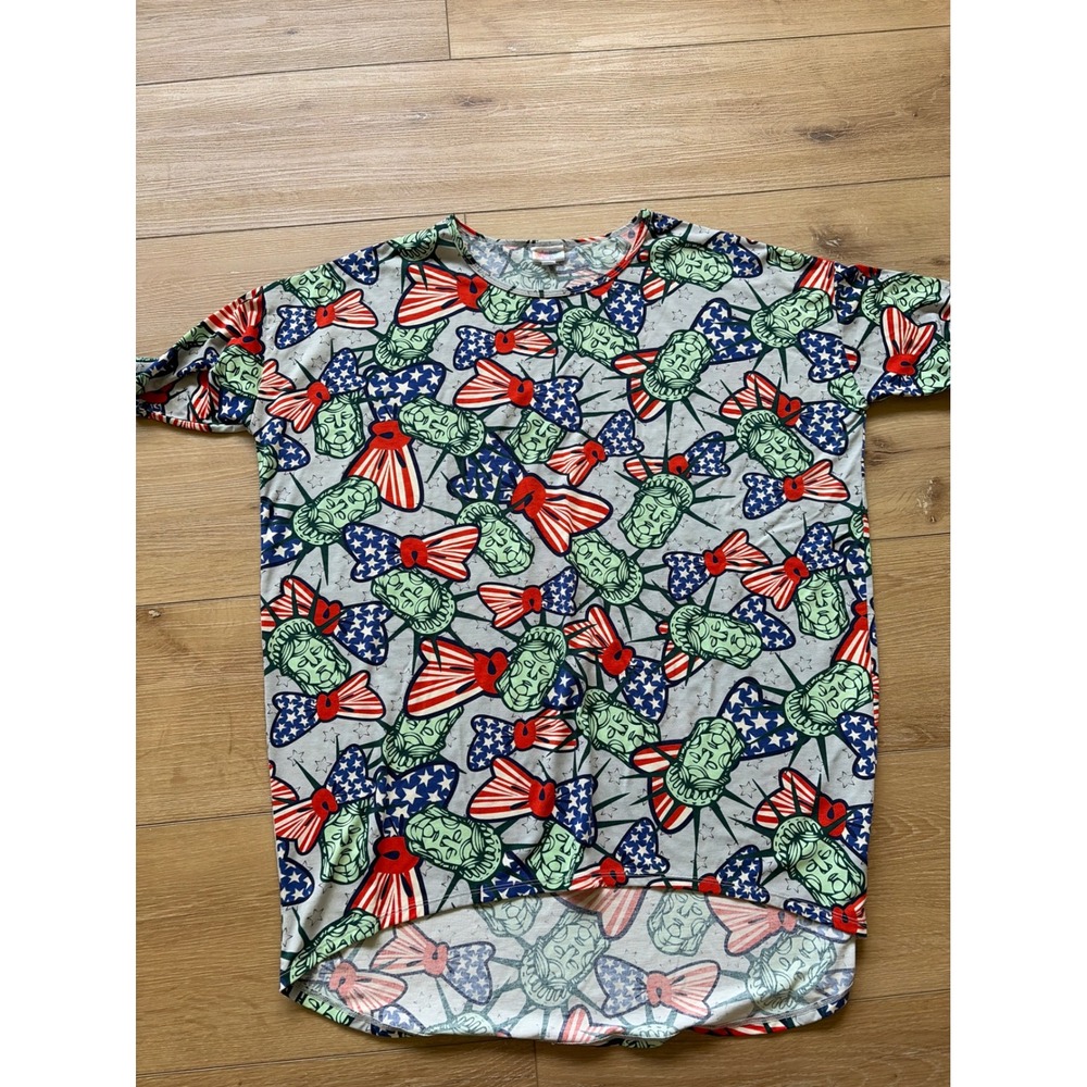 LuLaRoe Irma Tunic Top XL Womens Americana Statue of Liberty Patriotic bows
